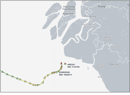 ran flagged container ships near Port Klang, Malaysia on May 1 (Credit: Marine Traffic)
