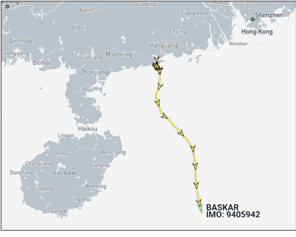 Iran flagged cargo ship departing Yangjiang, China, on May 1 (Credit: Marine Traffic)