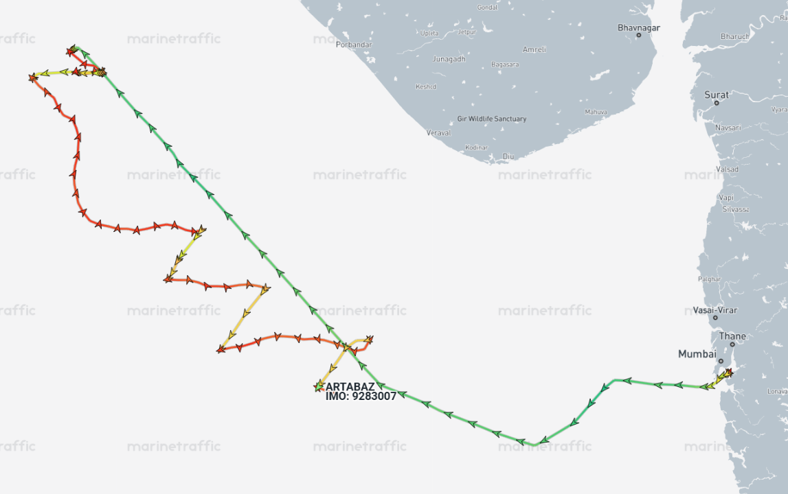 Iran flagged container ships drifting in Arabian Sea on May 4 (Credit: Marine Traffic)