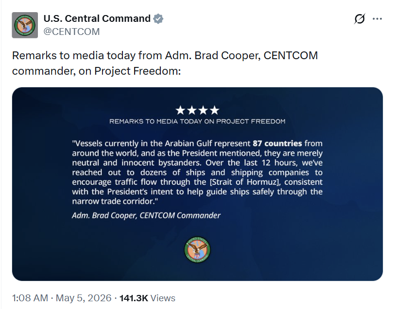 Admiral Cooper, USN, the U.S. CENTCOM Commander, posted further details about Projet Freedom: