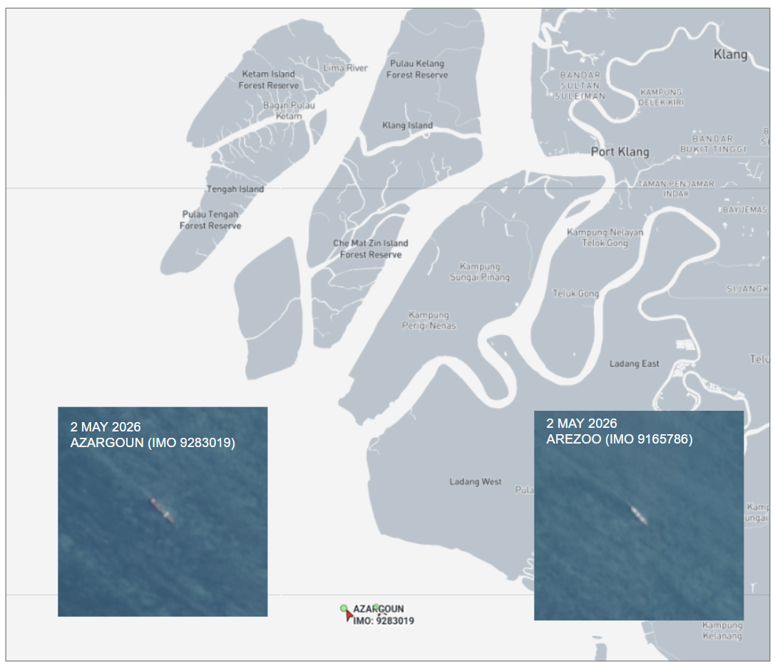 Iran flagged container ships near Port Klang, Malaysia on May 2-4 (Credit: Marine Traffic and ESA Copernicus)