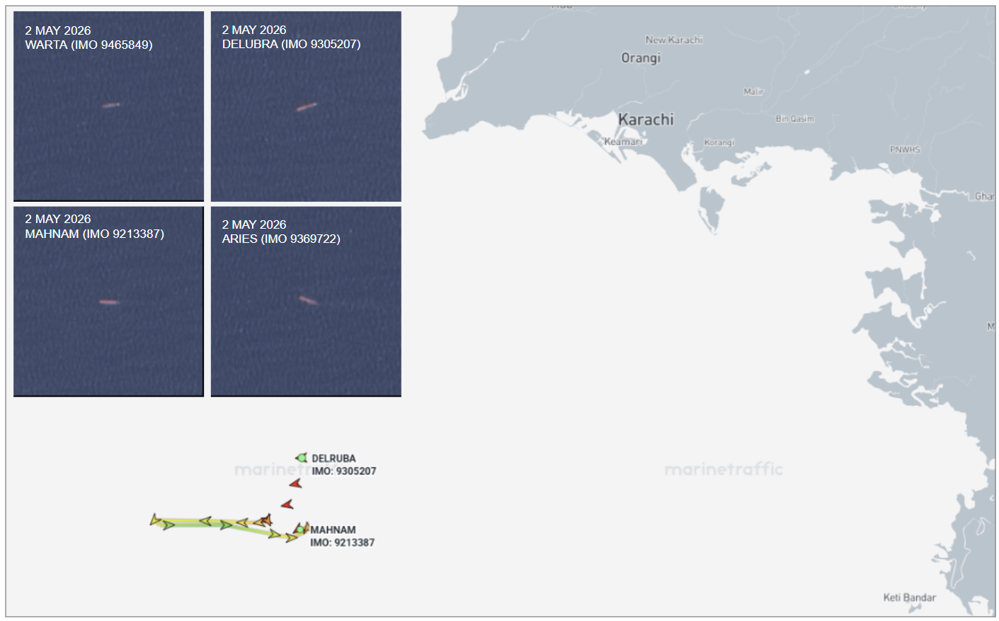 Iran flagged bulk carriers near Karachi, Pakistan on May 2-4 (Credit: Marine Traffic & ESA Copernicus)