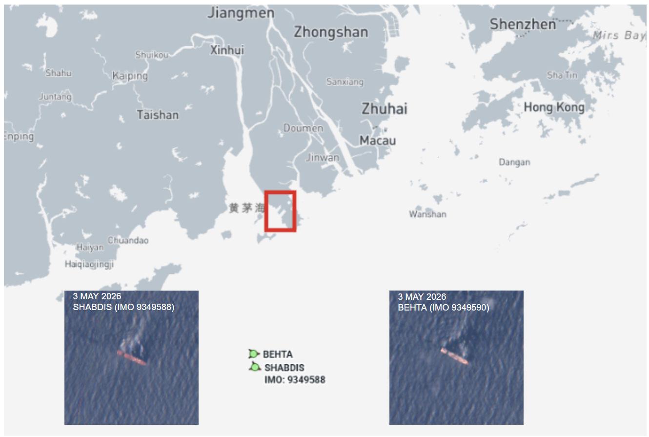 Iran flagged container ships near Zhuhai, China, on May 3-4 (Credit: Marine Traffic and ESA Copernicus)