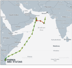Iran flagged cargo ship heading toward Karachi, Pakistan on May 5 (Credit: Marine Traffic)