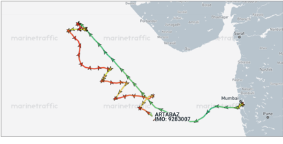 Iran flagged container ship drifting in Arabian Sea on May 5 (Credit: Marine Traffic)