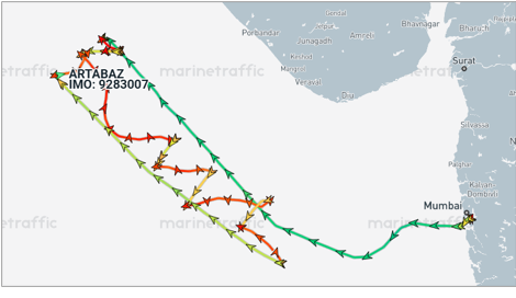 Iran flagged container ship drifting in Arabian Sea on May 8 (Credit: Marine Traffic)