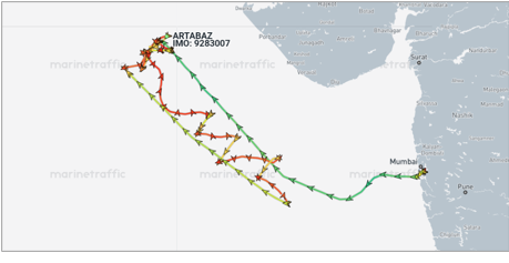 Iran flagged container ship drifting in Arabian Sea on May 12 (Credit: Marine Traffic)