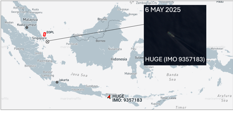 Iranian flagged tanker transiting Southeast Asian sea lanes on May 6 (Credit: Marine Traffic & ESA Copernicus)