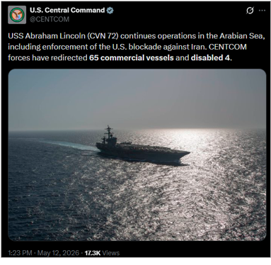 U.S. CENTCOM update on the U.S. Blockade on May 12 (Credit: U.S. CENTCOM/X)