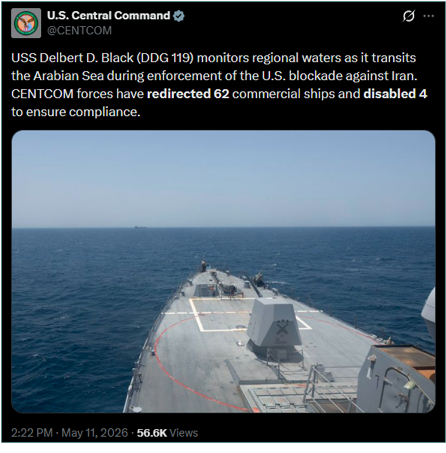 U.S. CENTCOM update on the U.S. Blockade on May 11 (Credit: U.S. CENTCOM/X)