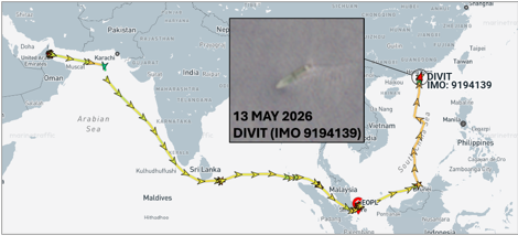Tanker laden with Iranian oil in the South China Sea (Credit: Marine Traffic & ESA Copernicus)