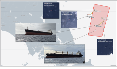 Iran flagged cargo ships at Malaysian EOPL on May 14 (Credit: Marine Traffic and ESA Copernicus)