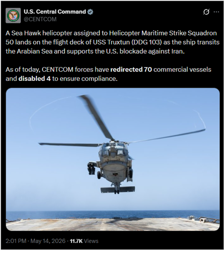 U.S. CENTCOM update on the U.S. blockade on May 14 (Credit: U.S. CENTCOM/X)