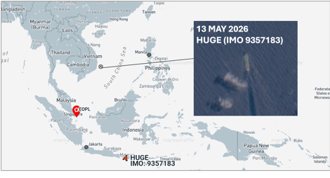 Iranian flagged tanker transiting the South China Sea on May 13 (Credit: Marine Traffic & ESA Copernicus)
