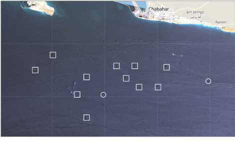 Tankers laden with Iranian oil near Chabahar on May 14 (Credit: EOS Land viewer)