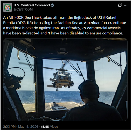 U.S. CENTCOM update on the U.S. blockade on May 15 (Credit: U.S. CENTCOM/X)