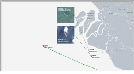 Iran flagged container ships near Malaysia on May 18 (Credit: Marine Traffic & ESA Copernicus)