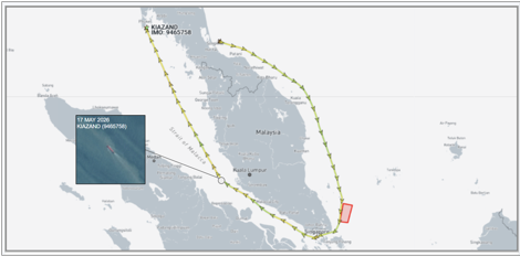 Iran flagged cargo ship in Gulf of Thailand on May 19 (Credit: Marine Traffic and ESA Copernicus)