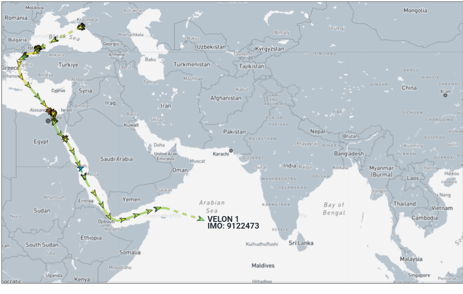 Iran flagged container ship drifting in the Gulf of Aden on May 18 (Credit: Marine Traffic)
