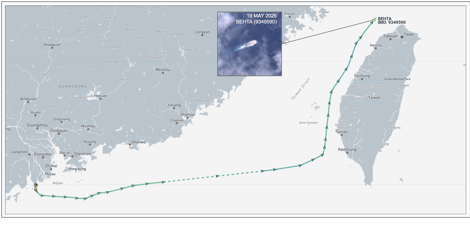 Iran flagged container ship at sea on May 19 (Credit: Marine Traffic and ESA Copernicus)
