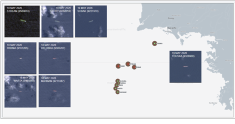 ran flagged cargo vessels near Karachi, Pakistan on May 19  (Credit: Marine Traffic and ESA Copernicus)