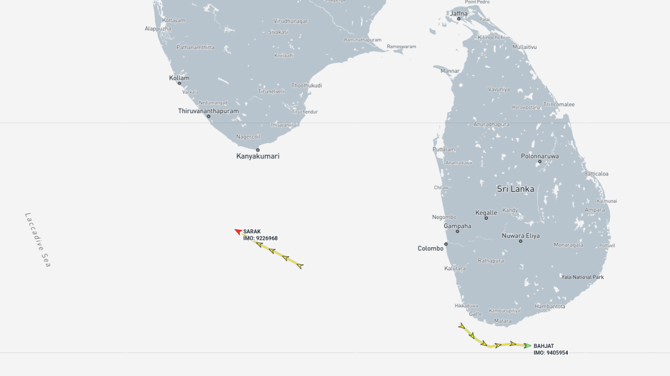 ran flagged ships near Sri Lanka on May 20 (Credit: Marine Traffic and ESA Copernicus)