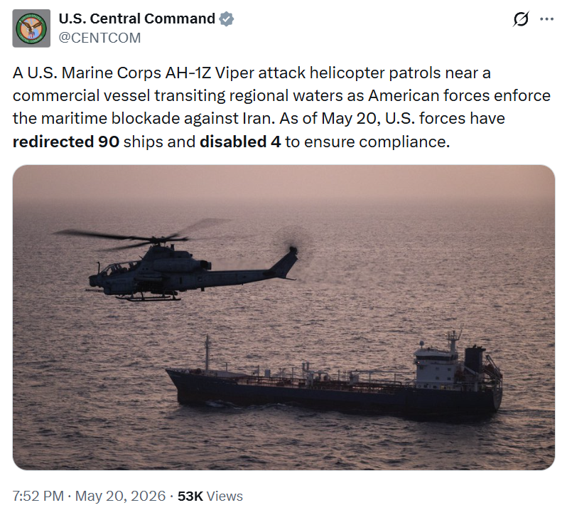 U.S. CENTCOM update on the U.S. blockade on May 20 (Credit: U.S. CENTCOM/X)