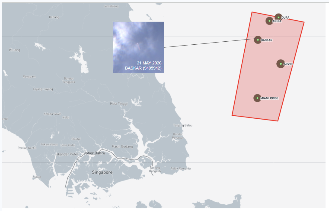 Iran flagged cargo ships at Malaysian EOPL on May 21 (Credit: Marine Traffic and ESA Copernicus)