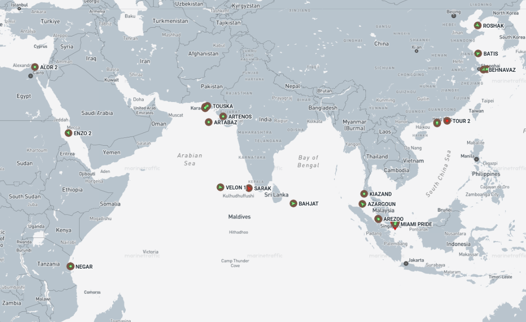 Iran flagged cargo vessels across the Indo-Pacific on May 21 (Credit: Marine Traffic)