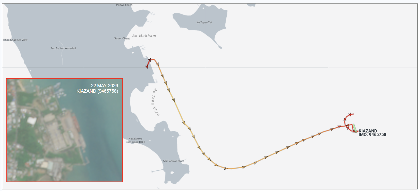 Iran-flagged cargo ship in Phuket on May 22 (Credit: Marine Traffic and ESA Copernicus)