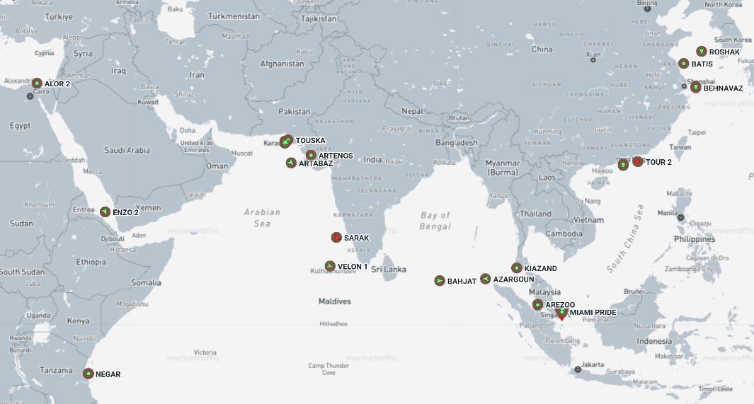 ran-flagged cargo vessels across the Indo-Pacific on May 22 (Credit: Marine Traffic)