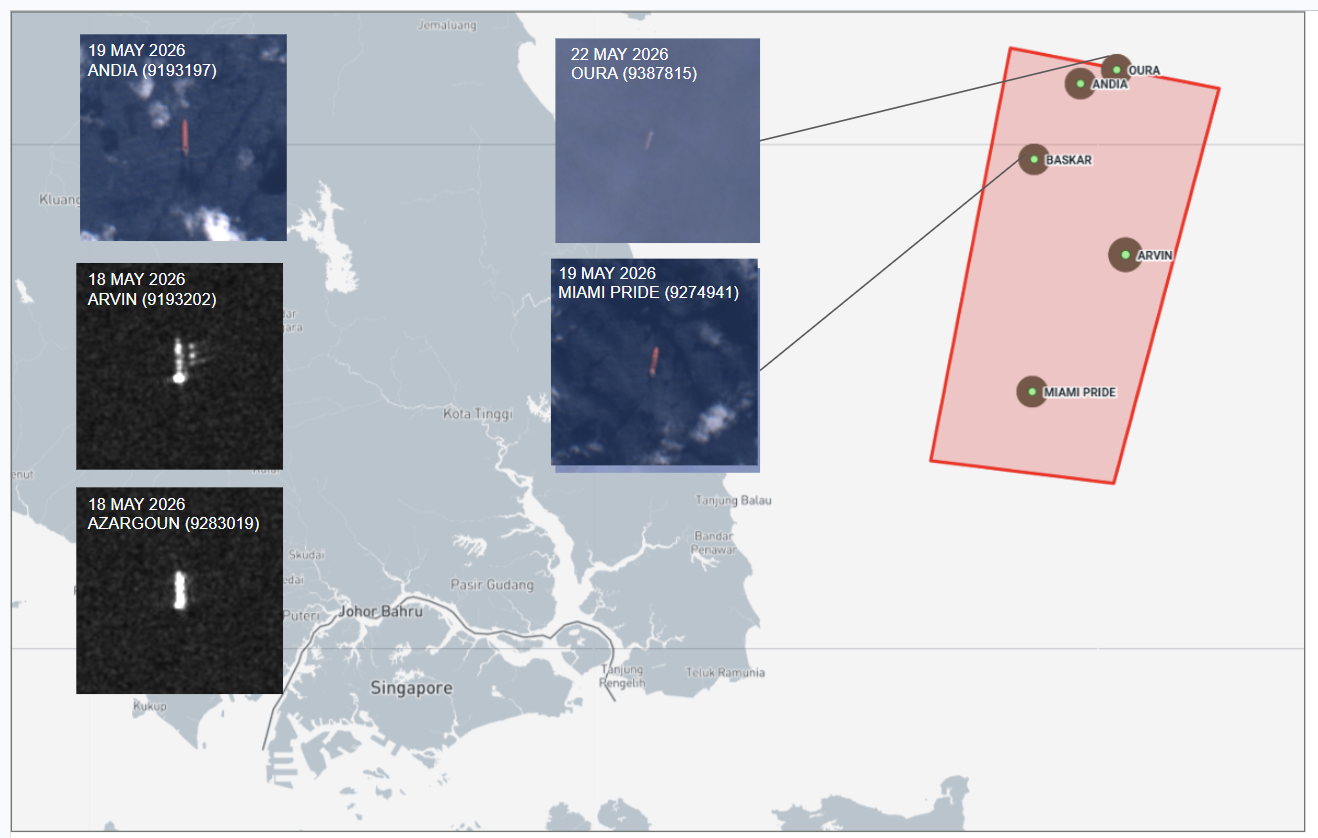 ran-flagged cargo ships at Malaysian EOPL on May 22 (Credit: Marine Traffic and ESA Copernicus)