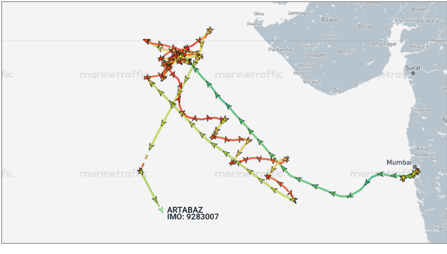Iran-flagged container ship drifting in Arabian Sea on May 26 (Credit: Marine Traffic)