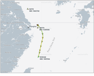 Iran-flagged cargo ships near China, on May 26 (Credit: Marine Traffic)