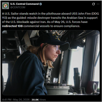U.S. CENTCOM update on the U.S. blockade on May 26 (Credit: U.S. CENTCOM/X)