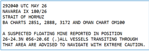 NAVAREA IX Navigational Warning 180/26, Hydrographer of Pakistan)