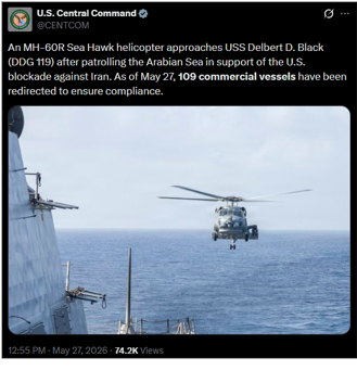 U.S. CENTCOM update on the U.S. blockade on May 27 (Credit: U.S. CENTCOM/X)