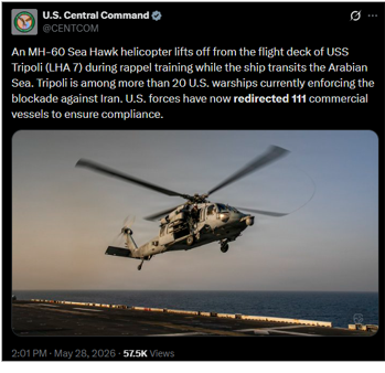 U.S. CENTCOM update on the U.S. blockade on May 27 (Credit: U.S. CENTCOM/X)