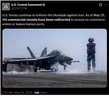 U.S. CENTCOM update on the U.S. blockade on May 29 (Credit: U.S. CENTCOM/X)