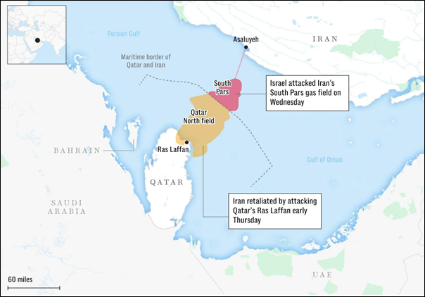 Map of Israeli strike on Iran’s South Pars Gas Fields