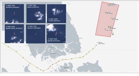 Iran-flagged cargo ships at Malaysian EOPL on June 1 (Credit: Marine Traffic and ESA Copernicus)