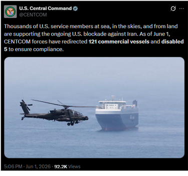 U.S. CENTCOM update on the U.S. blockade on June 1 (Credit: U.S. CENTCOM/X)