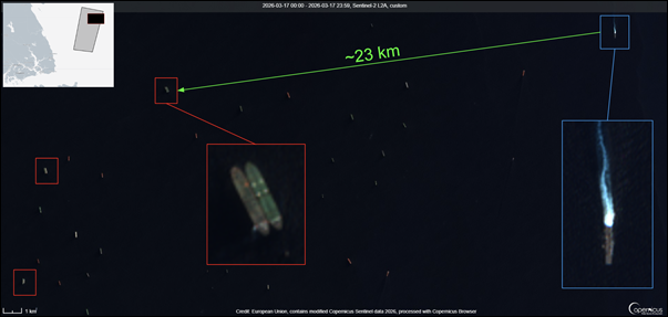 Satellite imagery of the USS Tripoli passing three of the five STS transfers on March 17