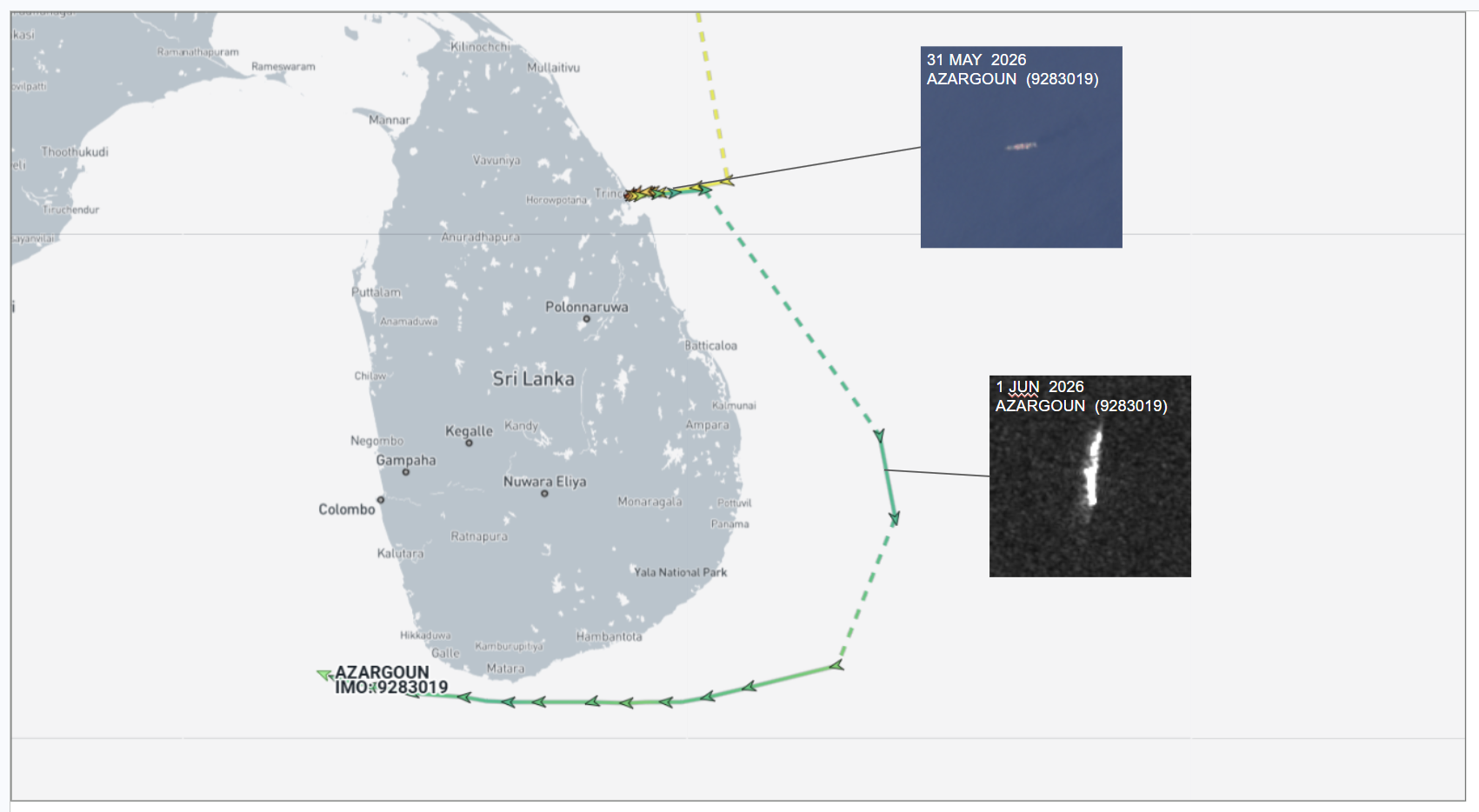 ran-flagged container ship near Sri Lanka on June 1 (Credit: Marine Traffic and ESA Copernicus)