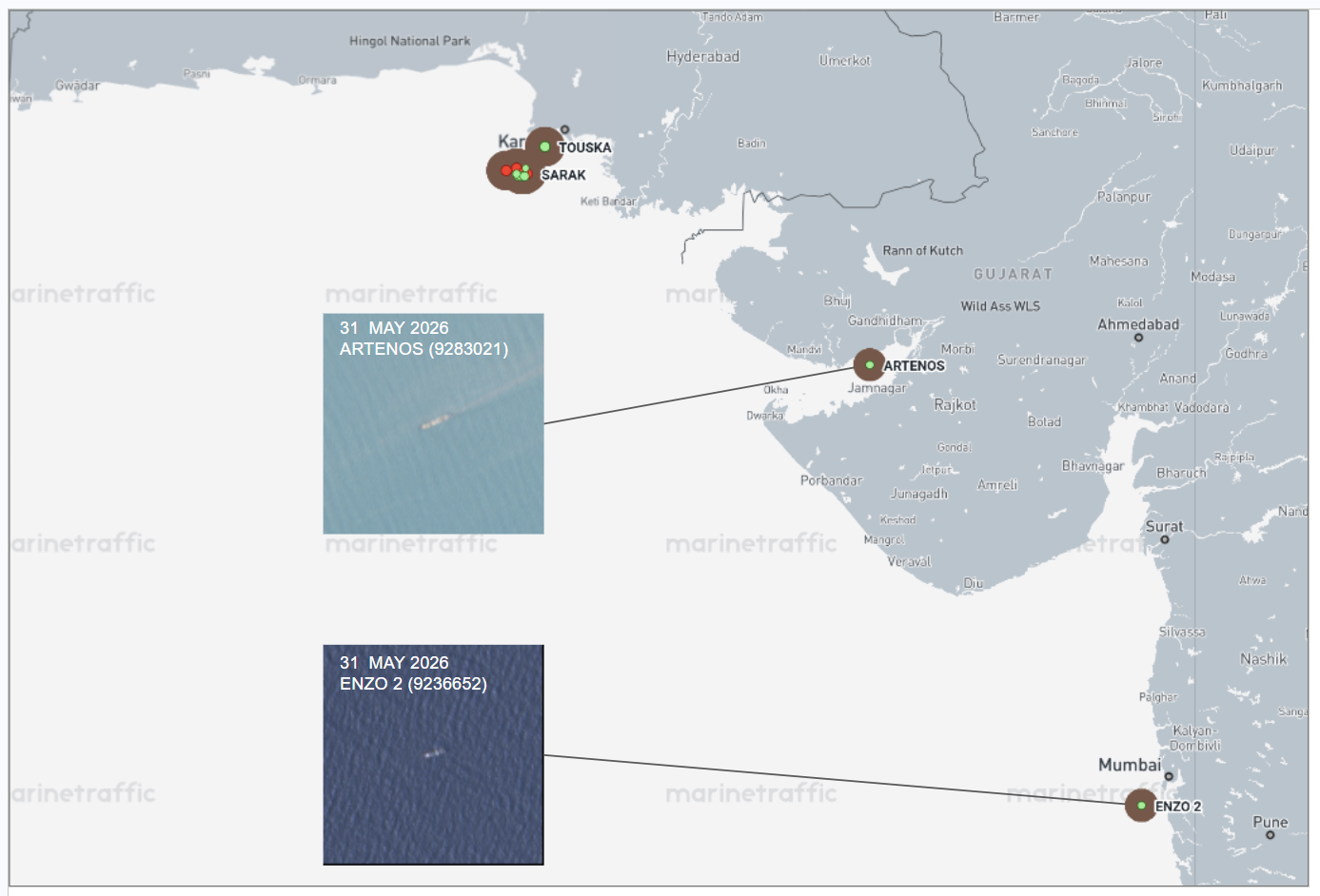 Iran-flagged container ships in Indian anchorages on June 1