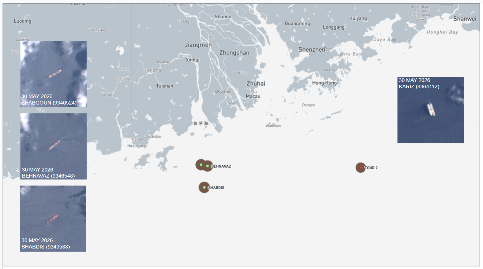 Iran-flagged cargo ships at Malaysian EOPL on June 1 (Credit: Marine Traffic and ESA Copernicus)
