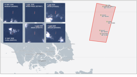 Iran-flagged cargo ships at Malaysian EOPL on June 3 (Credit: Marine Traffic and ESA Copernicus)