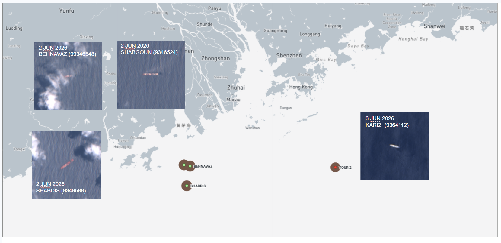 ran-flagged container ships at Zhuhai, and tankers south of Hong Kong China, on June 3