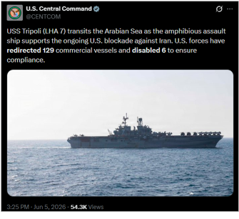 U.S. CENTCOM update on the U.S. blockade on June 5 (Credit: U.S. CENTCOM/X)