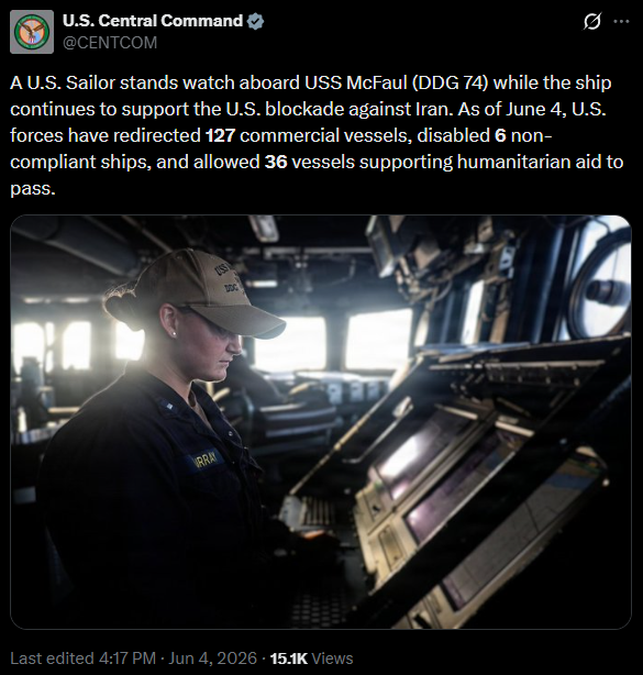 U.S. CENTCOM update on the U.S. blockade on June 3 (Credit: U.S. CENTCOM/X)